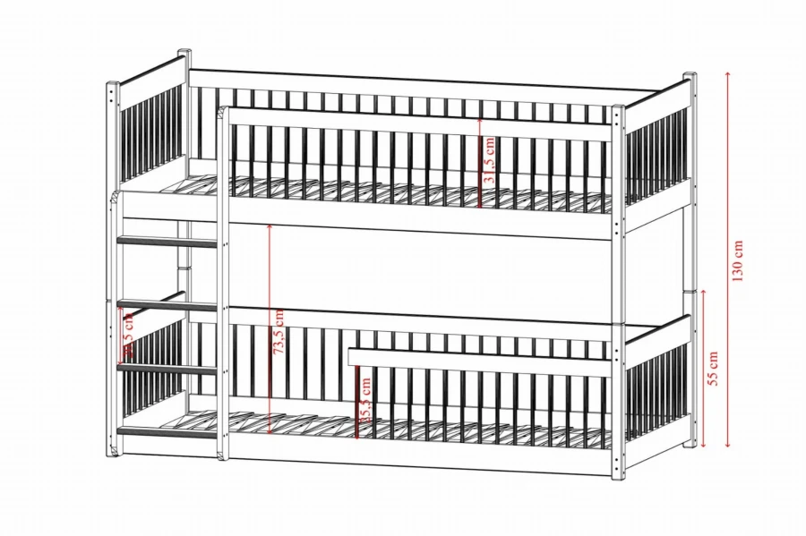 Detaillierte Maße des Etagenbettes: Höhe 130 cm, Sicherheitsgitter 31,5 cm und Leiterabstände.