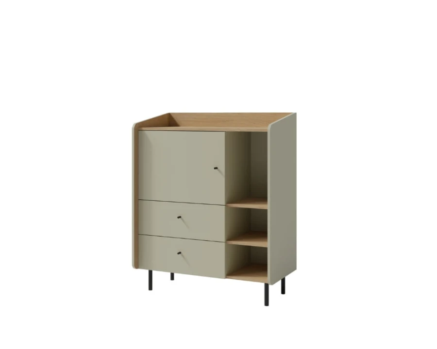 Moderne Wickelkommode in Salbeigrün und Holzoptik mit Schubladen und Regalfächern.