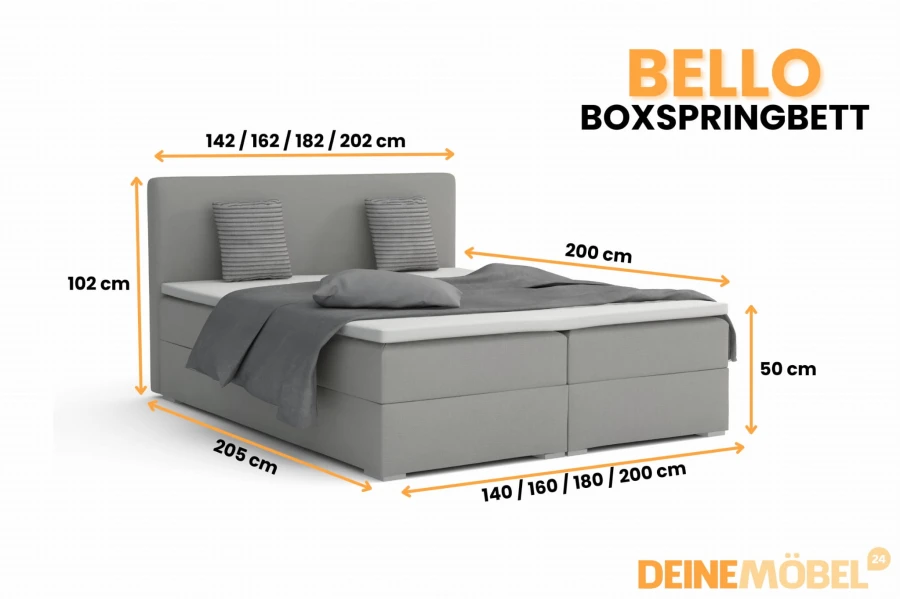 Maße für das Boxspringbett Bello in Grau mit verschiedenen verfügbaren Breiten von 140 bis 200 cm.