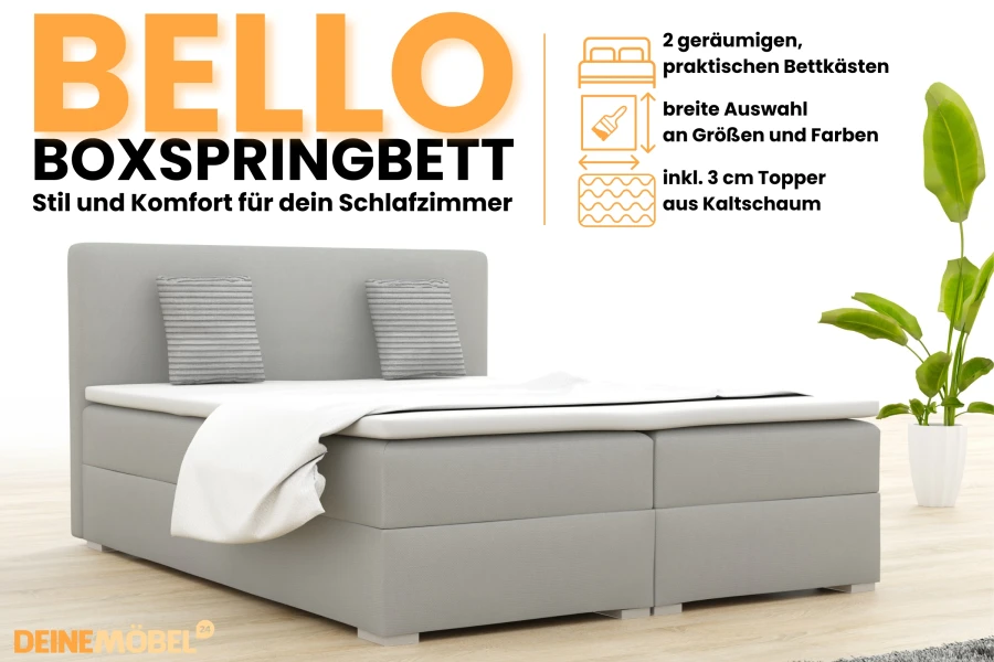 Bello Boxspringbett in Hellgrau mit Bettkästen und Kaltschaum-Topper für modernen Schlafkomfort.