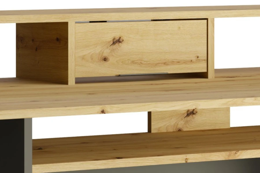 Nahaufnahme des Monitor-Aufsatzes mit einer kleinen integrierten Schublade aus Holz.
