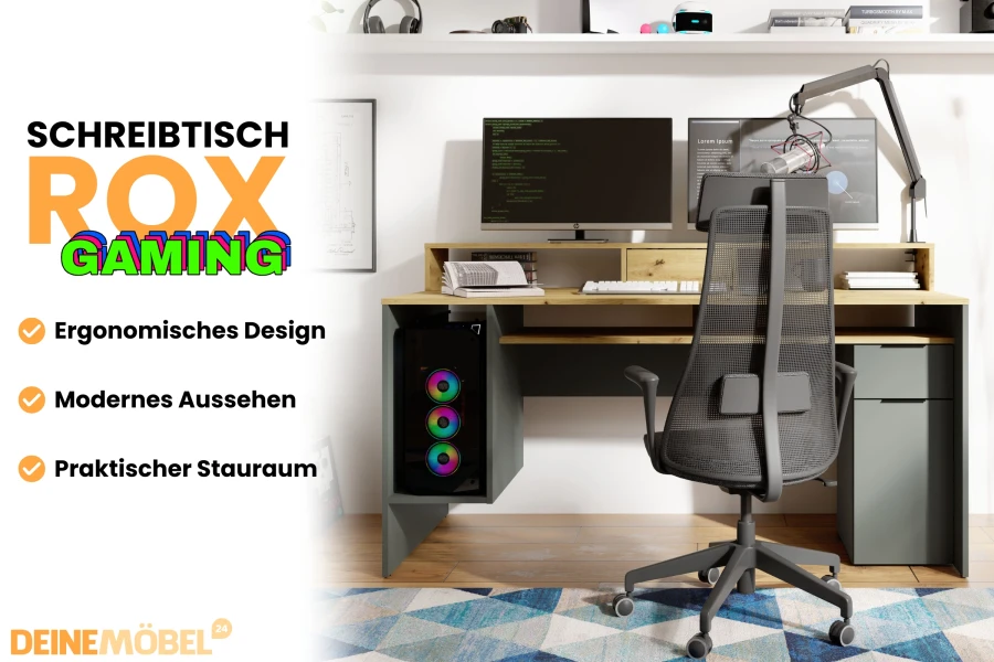 ROX Gaming-Schreibtisch mit ergonomischem Design, praktischem Stauraum und passendem Bürostuhl.