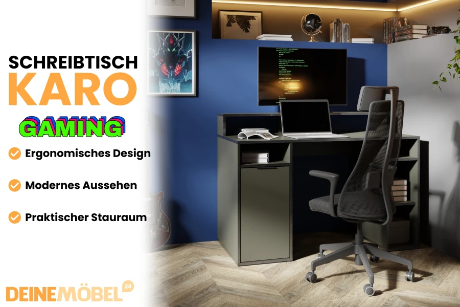 Moderner Karo Gaming-Schreibtisch in Grau mit Monitoraufsatz und ergonomischem Setup im Homeoffice.