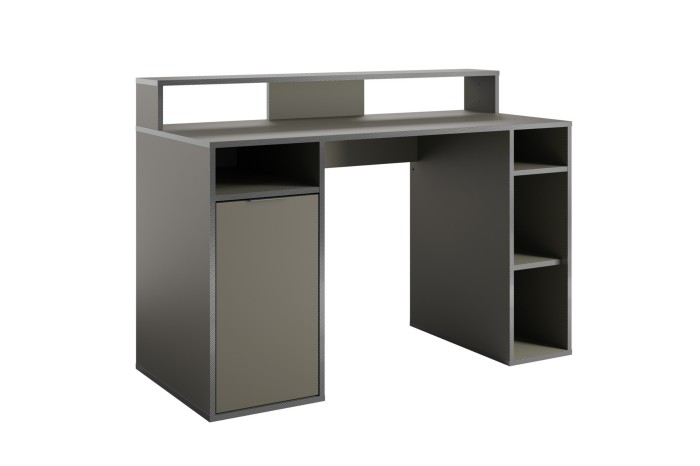 Karo Gaming-Tisch in Anthrazit mit Monitorablage, Schrank und Regalfächern auf weißem Hintergrund.