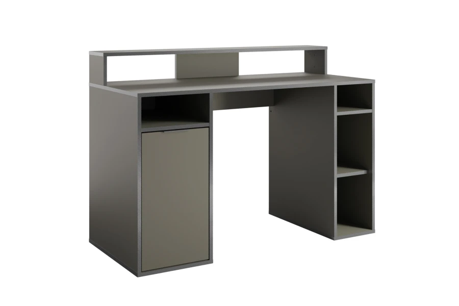 Karo Gaming-Tisch in Anthrazit mit Monitorablage, Schrank und Regalfächern auf weißem Hintergrund.