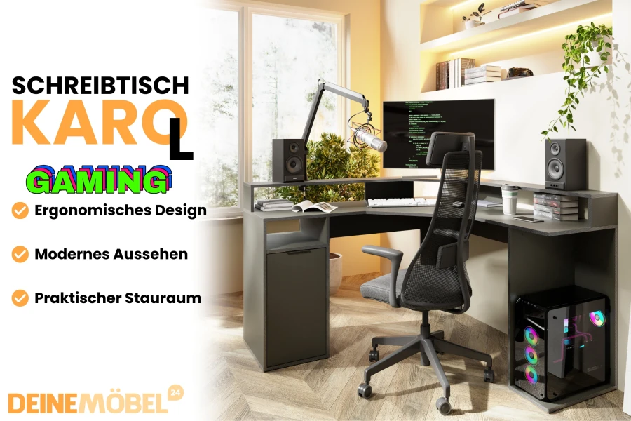 Gaming-Schreibtisch Karol: Ergonomisches Design, modernes Aussehen und praktischer Stauraum von Deinemoebel24.