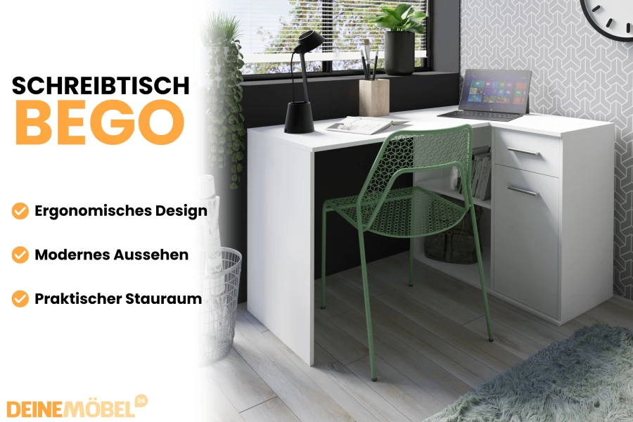 Eckschreibtisch BEGO in Weiß – modernes Design für das Homeoffice.