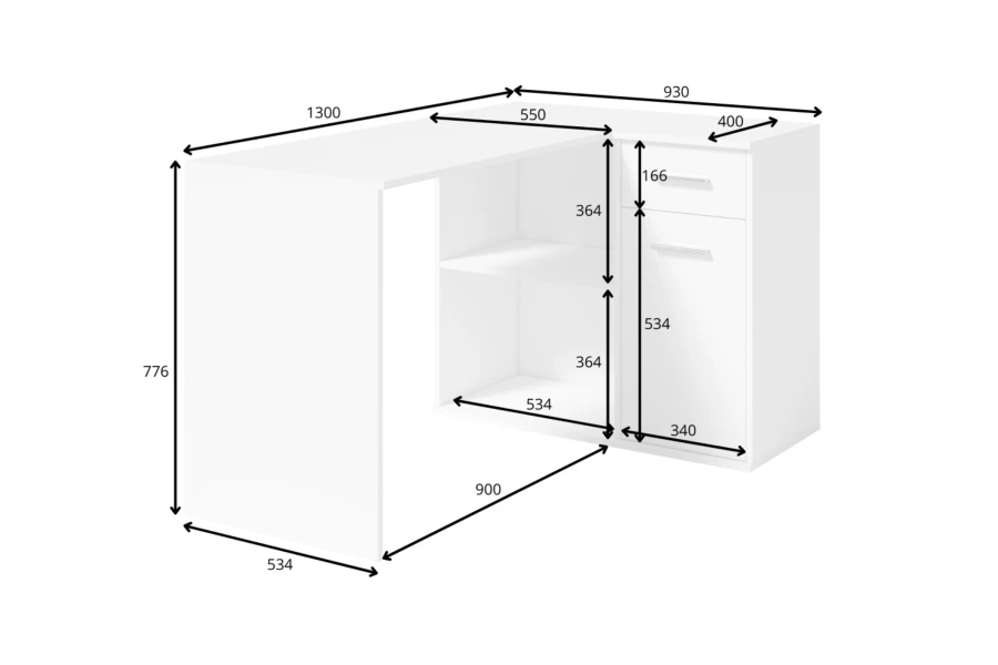 Maße für weißen Eckschreibtisch: 1300x930x776 mm mit Regalfächern und Schubladen.