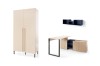 Modernes Möbelset in Beige und Blau mit Kleiderschrank, Schreibtisch und Regal.