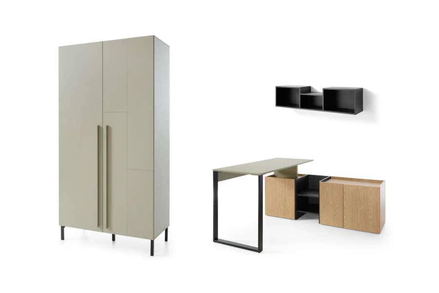 Einrichtungsidee: Grauer Kleiderschrank und Schreibtisch-Kombination für das Büro.