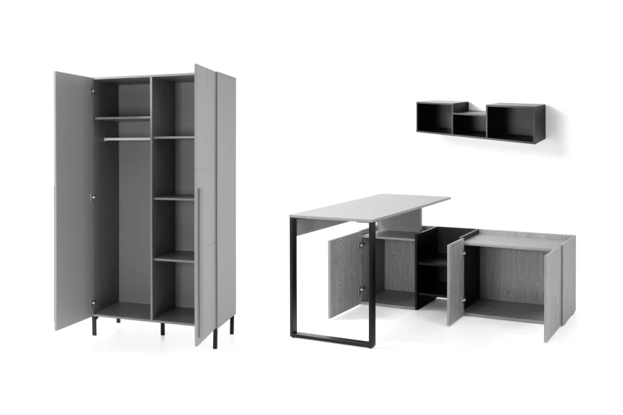 Moderner grauer Kleiderschrank und Schreibtisch-Kombination mit Wandregal.
