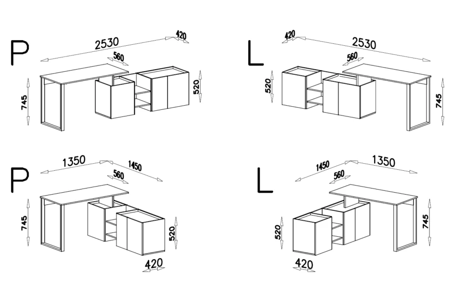 Technische Zeichnung mit Maßen für die Schreibtisch-Kombination in verschiedenen Layouts.