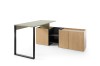 Design-Schreibtisch mit olivgrüner Platte und Sideboard in Eichenoptik.