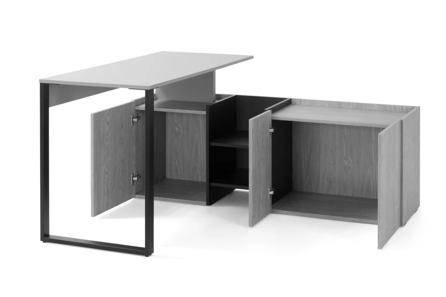Grey desk with open sideboard for storage space in the office.