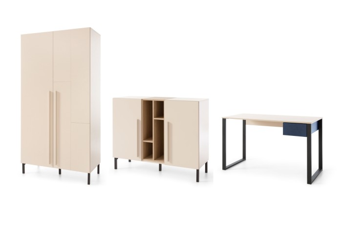 Sorento Möbel-Set in Beige: Kleiderschrank, Sideboard und Schreibtisch mit schwarzen Metallfüßen.