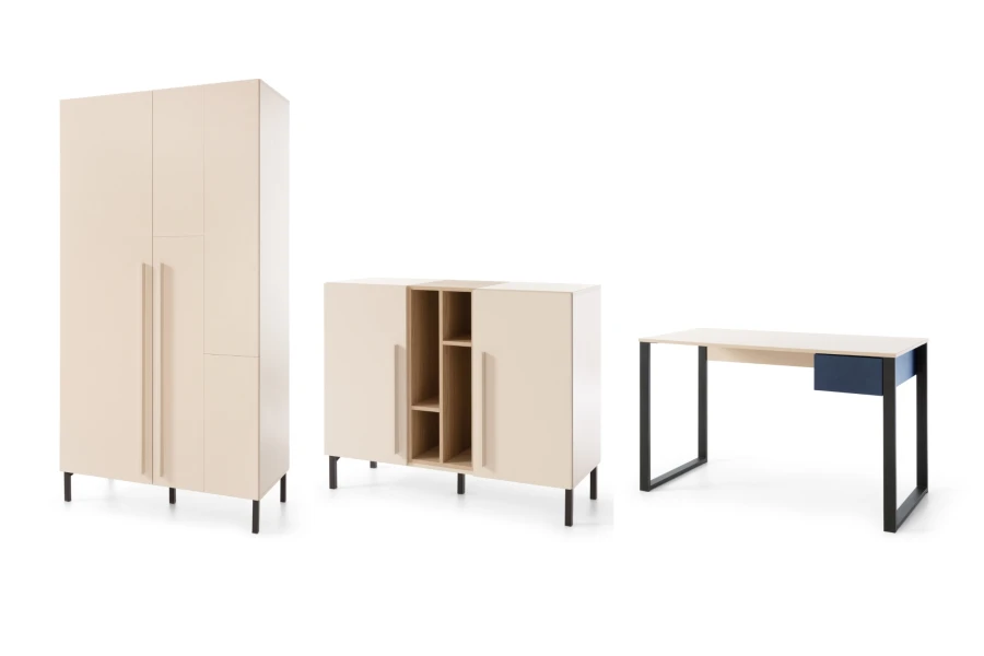 Sorento furniture set in beige: wardrobe, sideboard and desk with black metal feet.