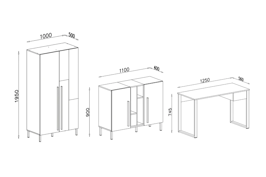 Technische Zeichnung mit Maßen für Sorento Kleiderschrank, Sideboard und Schreibtisch.