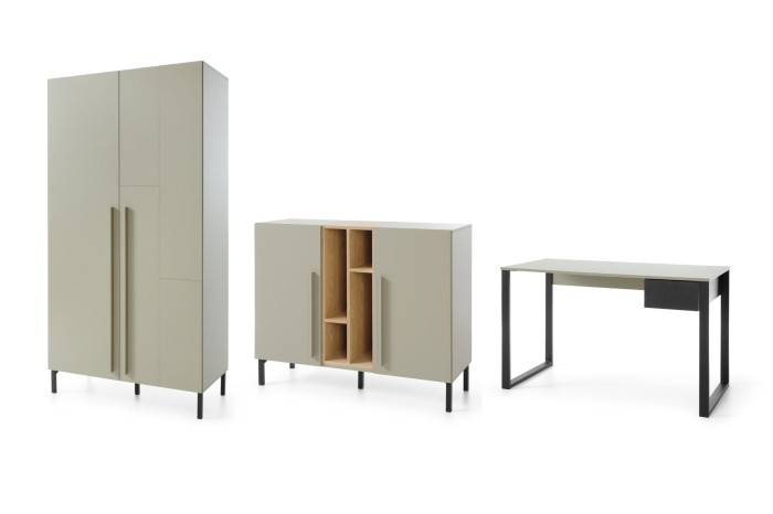 Frontansicht der Sorento Möbelserie: Stilvoller Schrank, Sideboard und Schreibtisch in hellem Design.