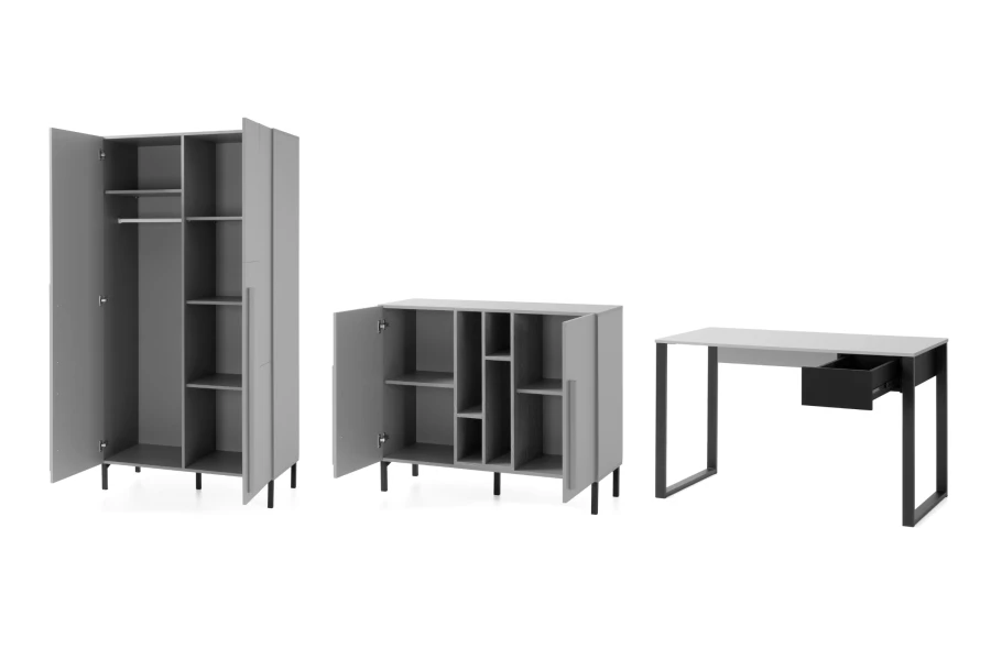 Modernes Möbelset: Grauer Kleiderschrank, Sideboard und Schreibtisch für das Heimbüro.