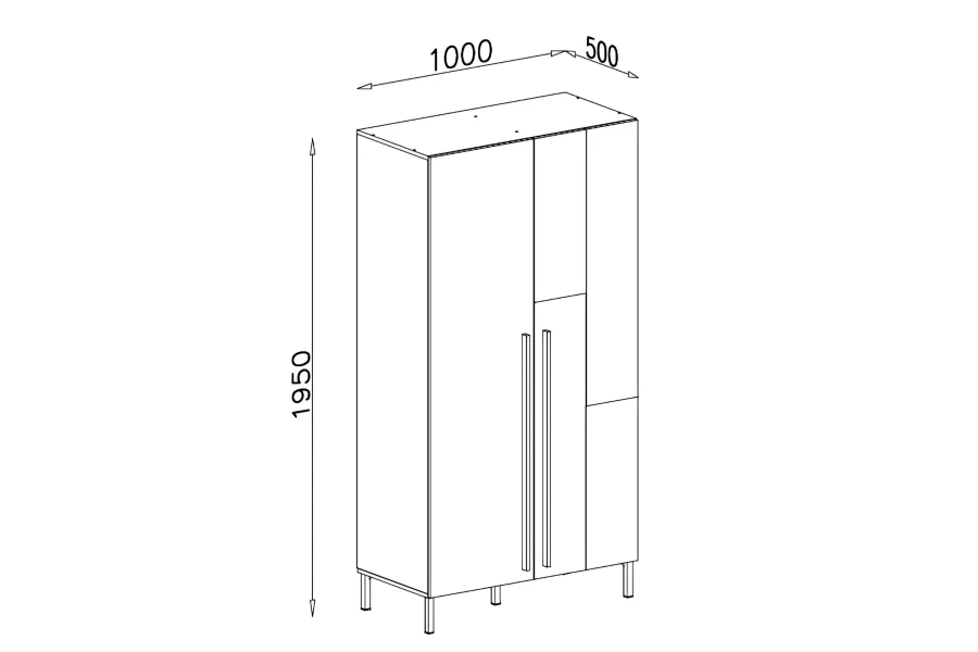 Technische Skizze mit Maßen für den Kleiderschrank: 1000x500x1950 mm.