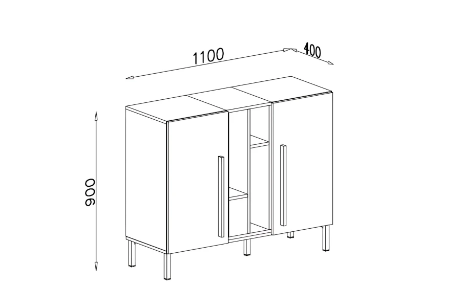 Technische Skizze Sideboard mit Maßen 1100x400x900 mm, Türen und Regal.