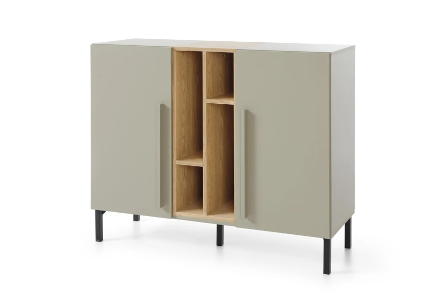 Modernes Sideboard in Grau und Eiche mit schlanken schwarzen Metallfüßen.