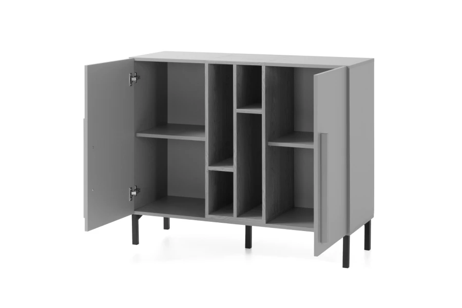Innenansicht Sideboard Grau-Eiche mit offenen Türen und Regalböden.