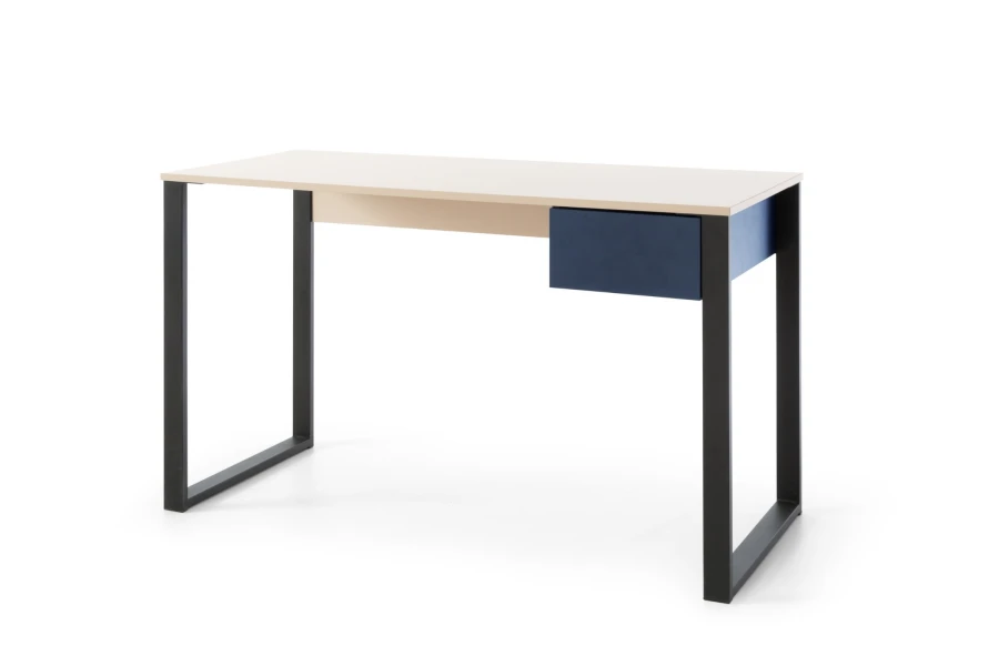 Moderner Schreibtisch in Beige mit blauem Schubfach und schwarzem Metallgestell.