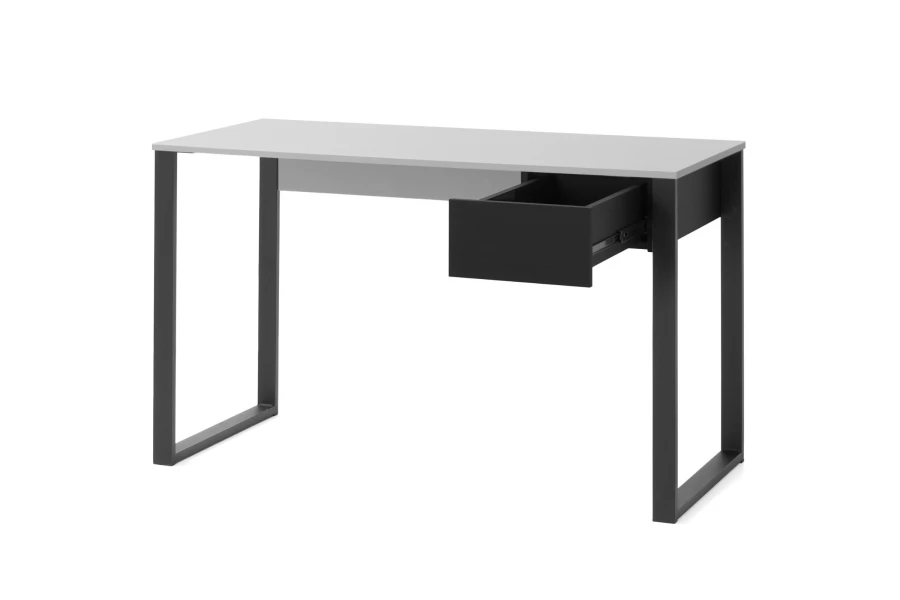 Schreibtisch mit offener schwarzer Schublade und grauem Design für das Arbeitszimmer.
