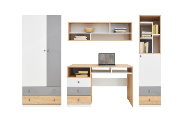 Modernes Poko Jugendzimmer-Set in Weiß, Grau und Eiche mit Schreibtisch und Kleiderschrank.