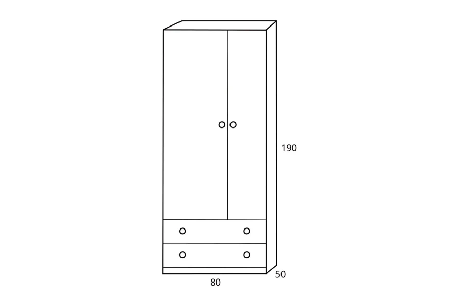 Maßzeichnung Kleiderschrank 80x190x50 cm mit 2 Türen und 2 Schubladen.