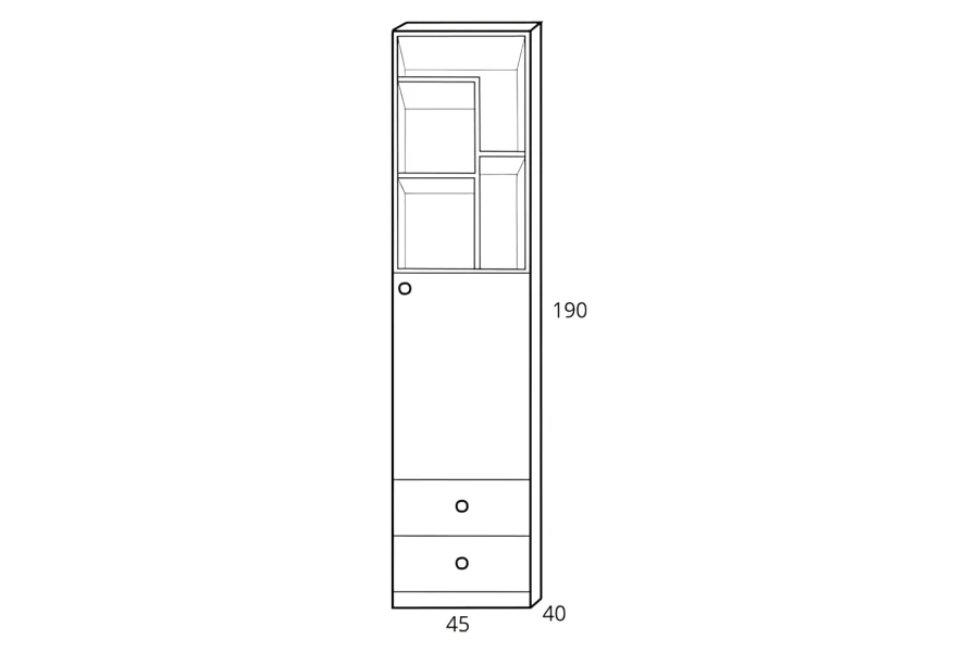 Skizze schmales Standregal 45x190x40 cm mit Tür, Schubladen und offenen Fächern.