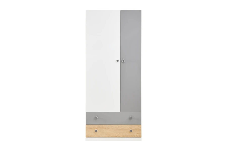 Moderner 2-türiger Kleiderschrank in Weiß, Grau und Holzoptik mit zwei Schubladen.
