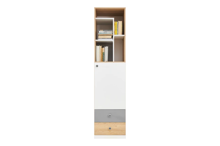 Schmales Hochregal mit offenen Bücherfächern, einer weißen Tür und zwei Schubladen in Grau und Eiche-Optik.