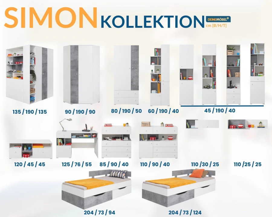 Übersicht der Simon Möbelkollektion mit verschiedenen Schränken, Schreibtischen und Betten inklusive Maßangaben.