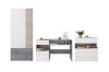 Möbelset für Jugendzimmer: Kleiderschrank, Schreibtisch und Kommode in Weiß, Eiche und Grau.