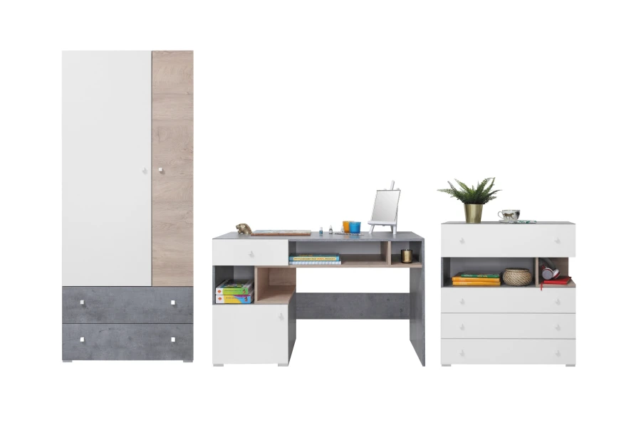 Möbelset für Jugendzimmer: Kleiderschrank, Schreibtisch und Kommode in Weiß, Eiche und Grau.