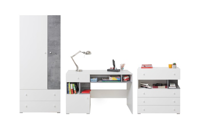 Jugendzimmer-Möbelset in Weiß und Betonoptik Grau mit Kleiderschrank, Schreibtisch und Kommode.