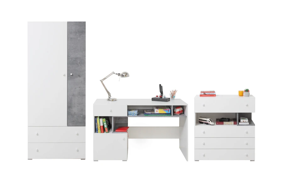 Jugendzimmer-Möbelset in Weiß und Betonoptik Grau mit Kleiderschrank, Schreibtisch und Kommode.