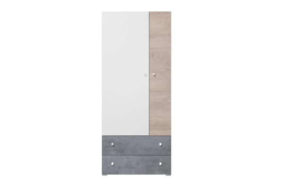 Zweitüriger Kleiderschrank in Weiß, Eiche-Optik und Grau mit Schubladen für das Jugendzimmer.
