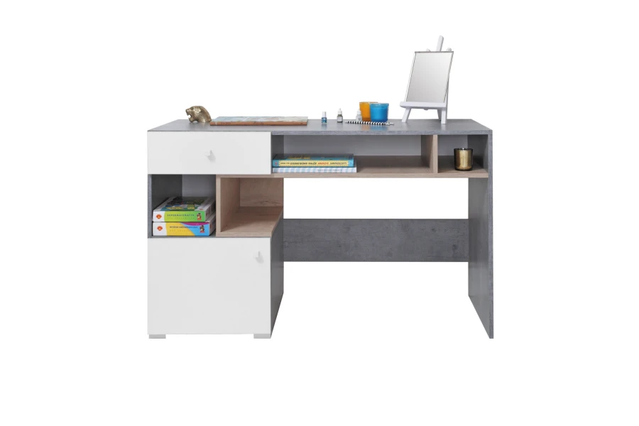 Schreibtisch in Grau, Weiß und Eiche mit integrierten Regalen und Schublade für das Jugendzimmer.