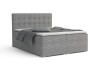 Graues Boxspringbett mit Cord-Bezug, gestepptem Kopfteil und grauer Bettwäsche auf weißem Hintergrund.