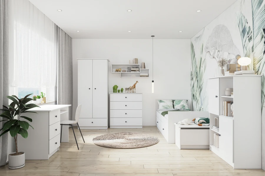 Modernes Kinderzimmer in Weiß und Grün mit Dschungel-Tapete, Bett, Schreibtisch und Kleiderschrank.