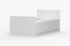 Rear view of a modern white children's bed in a simple, minimalist design.