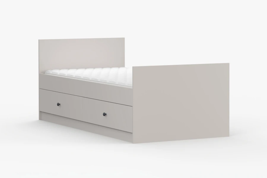 Modernes hellgraues Einzelbett mit weißer Matratze und zwei Schubladen.