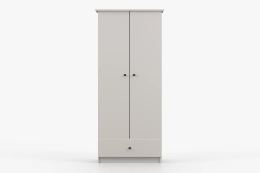 Grauer zweitüriger Kleiderschrank Oskar mit Schublade, modernes Design für Kinderzimmer.