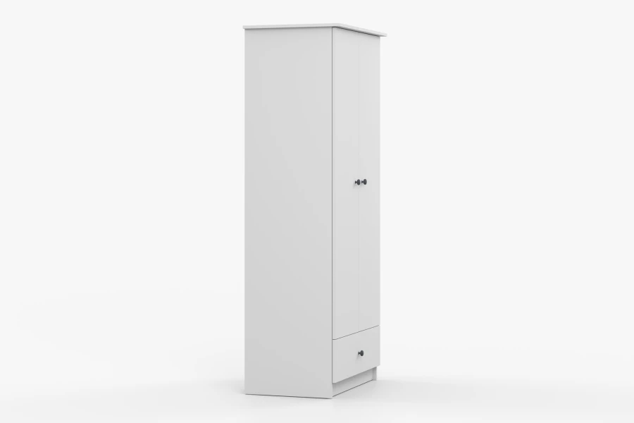 Schmaler weißer Wäscheschrank mit schwarzen Griffen und einer Schublade, schräge Seitenansicht.