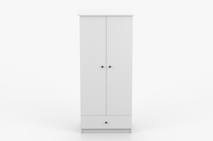 Weißer zweitüriger Kleiderschrank mit schwarzen Knöpfen und unterer Schublade, Frontansicht.