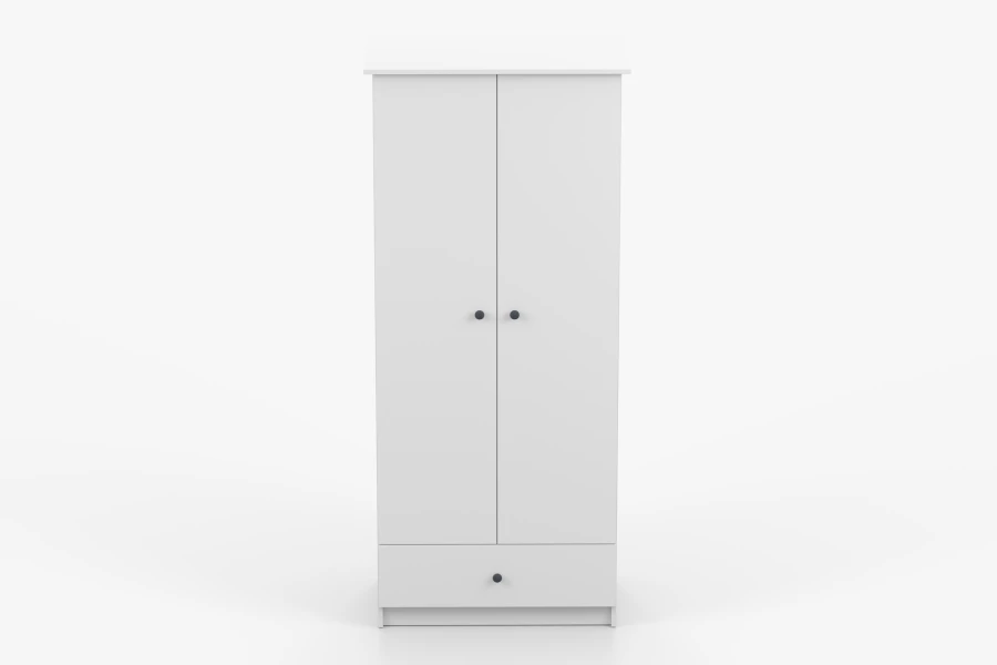 Weißer zweitüriger Kleiderschrank mit schwarzen Knöpfen und unterer Schublade, Frontansicht.