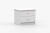 White bedside cabinet with 2 drawers and peach-coloured handles in an oblique view.